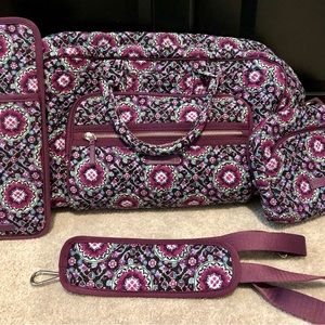 Vera Bradley Compact Weekender, flat iron/curler cover, and medium cosmetic bag